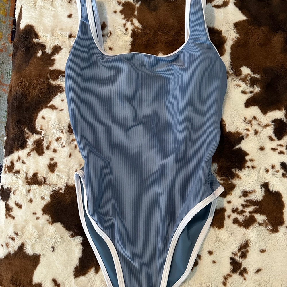 Blue Ribbed Womens One-Piece Swimsuit with White Trim